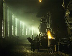 Locomotives in the CNW roundhouse, Chicago