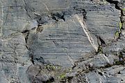 Glacial striations on an eroded rock alongside the Moiry Glacier, Switzerland.