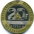 1992 French 20 francs tri-metallic coin.