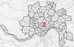 Corryville (red) within Cincinnati, Ohio