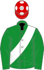 Green, white sash, red cap, white spots