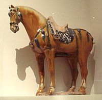 Sancai glazed ceramic horse, Tang dynasty, 7th–8th century, Musée Guimet