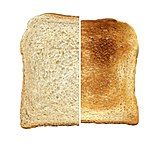 If a slice of bread is toasted, the face will first brown, and then blacken; in slightly burnt toast, the thin layer of char can be scraped off.