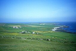 A view of the western side of the island, with West and East Kirbest in the foreground and Langskaill beyond