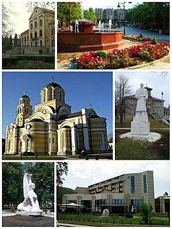 Aranđelovac- collage of image (Prince Mihailo's summer residence, The Main Square in Aranđelovac, Church of the Holy Apostles Peter and Paul, Aranđelovac, Monument of Karađorđe in front of school in Orašac near Aranđelovac, Monument of sphinx in the park of Bukovička Banja, Hotel Izvor)