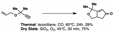 Original reaction: 24 hours at 60°C with 30% yield. Dry reaction: silica, oxygen, 45°C for 0.5 hours for 75% yield.