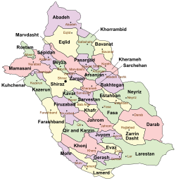 Location of Juyom County in Fars province (bottom center, purple)