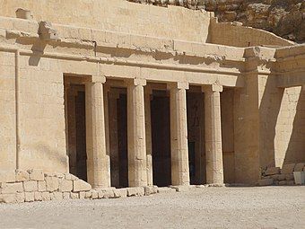 Possible inspiration for the Doric order: Ancient Egyptian columns of the shrine of Anubis at the Temple of Hatshepsut, Deir el-Bahari, Egypt, c.1470 BC[13]