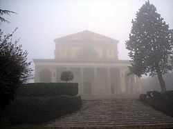 The façade of the sanctuary in the mist.