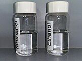 A vial of methanol (left) and one of ethanol