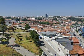 The upper station seen from Serra do Pilar, with the line and lower station in distance