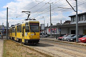 Tatra T6A2D in front of main railway station Szczecin Główny