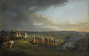 Colored painting depicting Napoleon receiving the surrender of the Austrian generals, with the opposing armies and the city of Ulm in the background