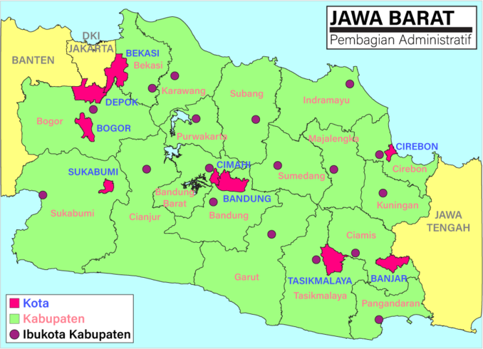 Areas coloured red: cities, areas coloured green: regencies