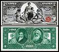 Robert Fulton and Samuel Morse depicted on the reverse of the 1896 $2 'Educational Series" Silver Certificate.