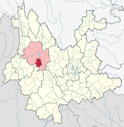 Location of Weishan County (red) in Dali Prefecture (pink) and Yunnan