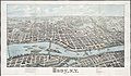 Bird's eye view of Troy from 1877 showing the rail line across the bridge curving towards the right to the rebuilt Union Station