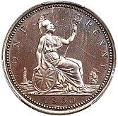 Copper coin of a seated woman Britannia