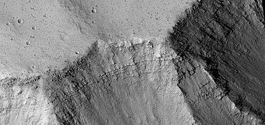 Close view of layers along wall of Kasei Valles, as seen by HiRISE under HiWish program