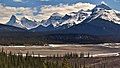 View looking south from Saskatchewan Crossing. Left to rightː Mt. Chephren, White Pyramid, Epaulette Mountain (centre), Kaufmann Peaks, Mt. Sarbach.