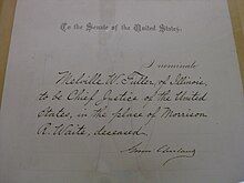 Paper on which Fuller's chief justice nomination is written.