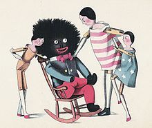 A racist drawing depicting a black rag doll with a big, black head, sitting in a rocking chair, with three white children standing by (As seen in the Beaton household).