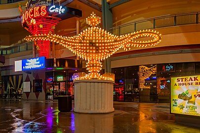 Neon genie lamp from the original Aladdin resort, seen on the grounds of the Neonopolis mall in 2012