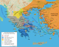 A map centered on modern day Greece, Bulgaria and Western Turkey showing the territories of the Achaemenid Empire and the Greek city states.