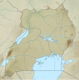 A map of Uganda with a mark indicating the location of Lutembe Bay