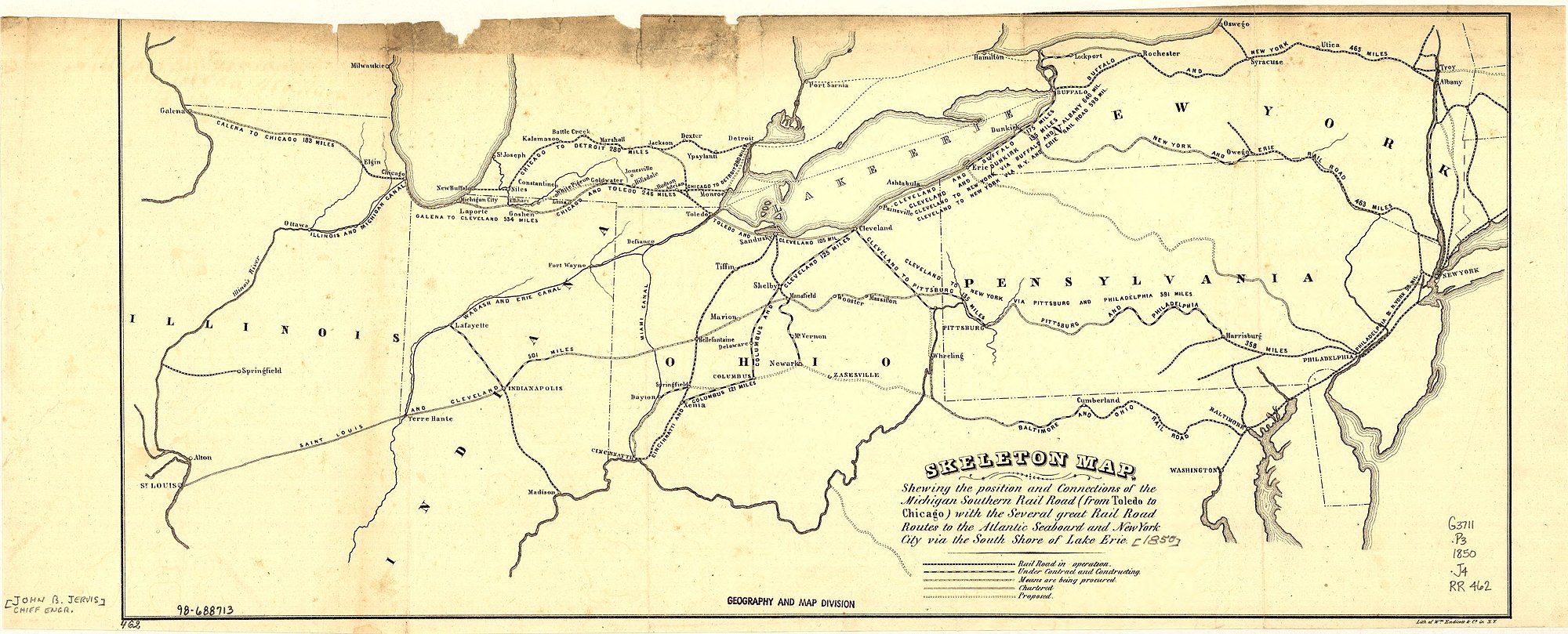 In this 1850 map, the original Wabash and Erie Canal is shown as part of an emerging system of canals and rail lines