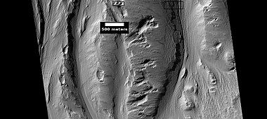 Erosion of crater deposit in Lucus Planum, as seen by HiRISE under HiWish program