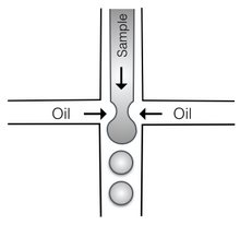 Oil converging on a sample to separate it, thereby emulsifying it.