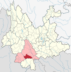 Location of Simao District (red) and Pu'er Prefecture (pink) within Yunnan province of China