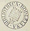 A circular ink stamp mark, with "Bibliotheca Bodleiana" around the outside of the circle; inside, a shield with an open book surrounded by three crowns