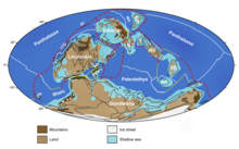 Palaeogeographic map showing Gondwana in the southern hemisphere with ice sheets across its polar regions. Laurussia is across the equator. Siberia, Kazakhstania, North China and South China lay to the northeast separated from Gondwana and Laurussia by the Palaeotethys Ocean. Much of the northern hemisphere is covered by the Panthalassic Ocean.