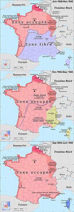 The zone occupée: German (red) and Italian (yellow) occupation zones of France, the zone libre, the zone interdite, the Military Administration in Belgium and Northern France, and annexed Alsace-Lorraine