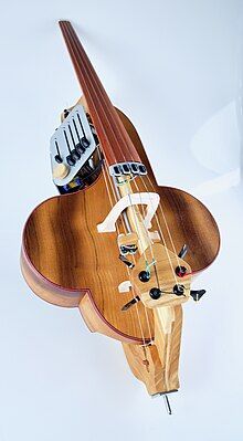 A halldorophone, a cello-like stringed instrument embedded with electronic parts.