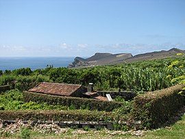 The western landscape of Capelo, showing the Capelinhos Volcano, as it appeared (c.1990)