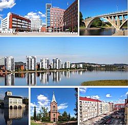 Clockwise from top-left: Lutakko Square, Äijälänsalmi Strait, apartments in Lutakko, old power station of Vaajakoski, the Jyväskylä City Church, and a courtyard in downtown Jyväskylä