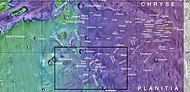 Map showing relative positions of several channel systems in Lunae Palus quadrangle, including the Vedra Valles, Maumee Valles, and Maja Valles. Box indicates where these valleys can be found. Colors show elevation.