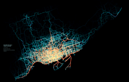 Visualization of every Bike Share trip in Toronto in June 2024