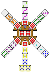 A double-five domino is placed crosswise to the south-leading train, matching the free end of the 7-5 domino.