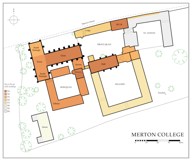 A plan of the buildings, showing the approximate ages of construction