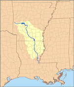 Map of the Ouachita River watershed. The Ouachita joins the Tensas River near Jonesville, Louisiana to form the Black River (Louisiana).