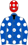 Royal blue, white spots, red cap, white spots