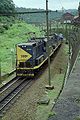 Two Hitachi-Locomotives with a downhill train entering the rack railway in Paranapiacaba