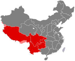 Government-defined region of Southwest China. Red: controlled by China; light red: disputed territory