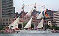 With the crew in the yardarms, Taragini slips along the Halifax, Nova Scotia, Canada waterfront in 2007.