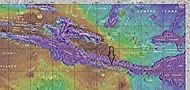 Labeled map of features near to Coprates Chasma. Arrow shows location of recurrent slope lineae in following HiRISE images.