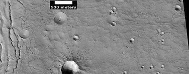 Close view of cracks of various sizes, as seen by HiRISE under HiWish program. Ice disappears along crack surfaces and makes crack larger. Note that small craters do not have very big rims; they may be just pits.